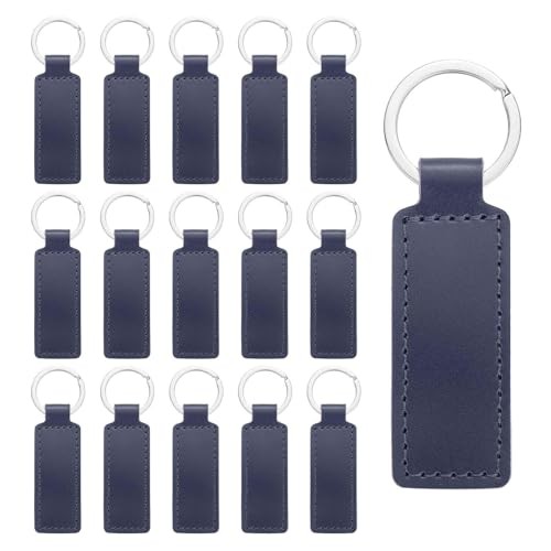 15 Pcs Leather Keychain Blanks Bulk Rectangle Laser Engraving Dark Blue