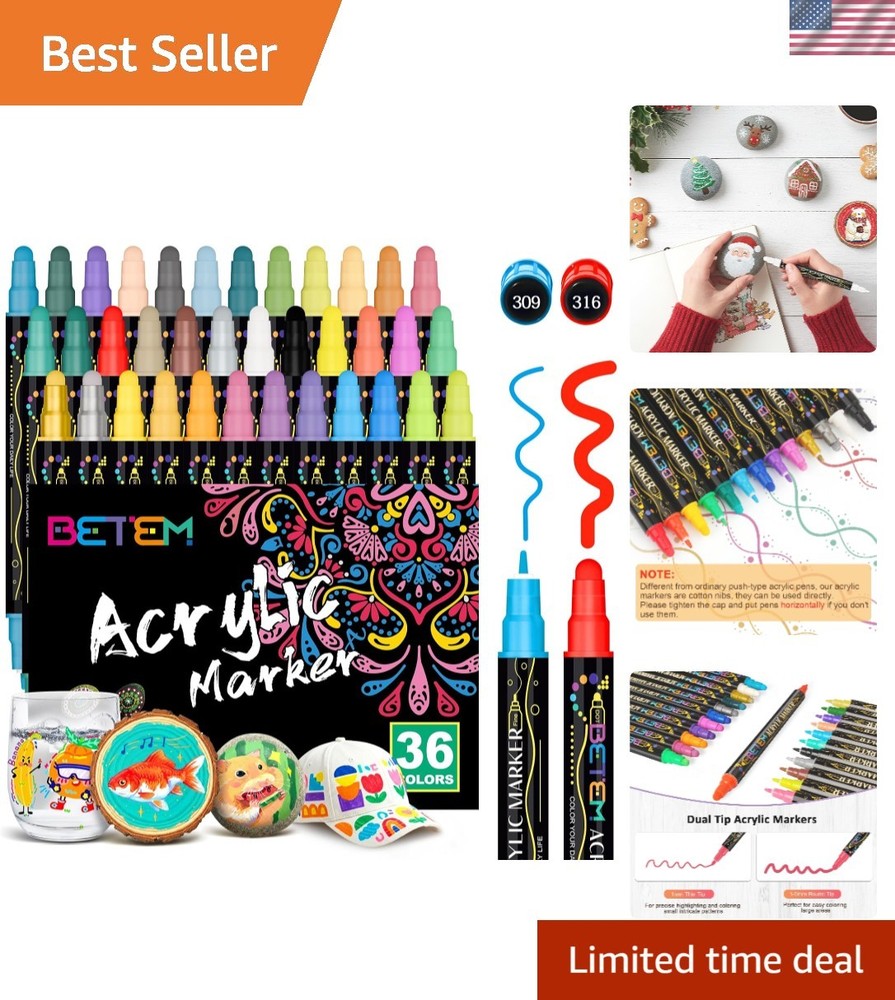 Artistic Dual Tip Acrylic Paint Pens – 36 Assorted Colors for Creative Projects