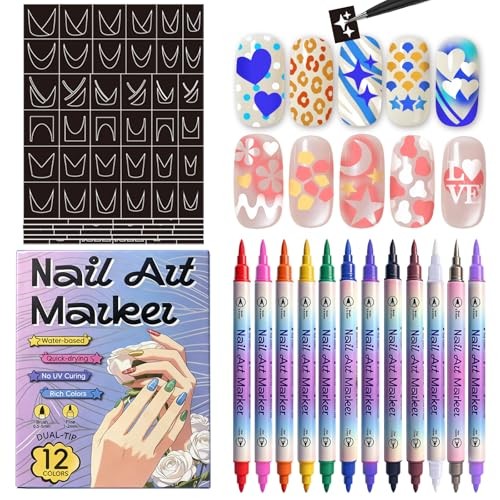 Nail Art Marker Pens with Stencils, 12 Colors Dual Brush Tip Water-Based Purple