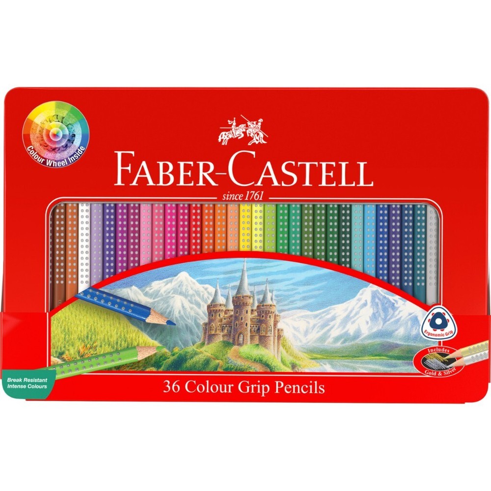 Faber-Castell Grip Watercolour Colouring Pencils – Tin of 36 Assorted Colours