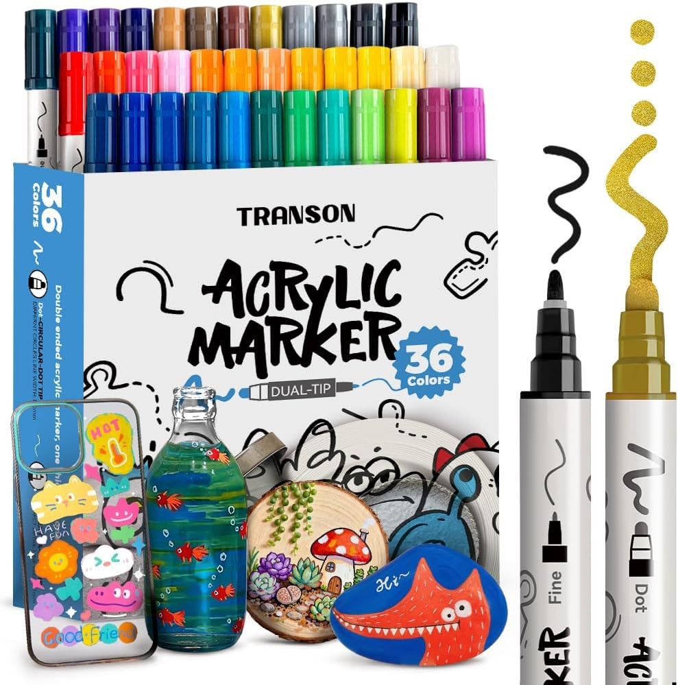 36 Color Bold and Fine Dual-Tip Acrylic Paint Pen Set for Canvas Rock Wood Leath