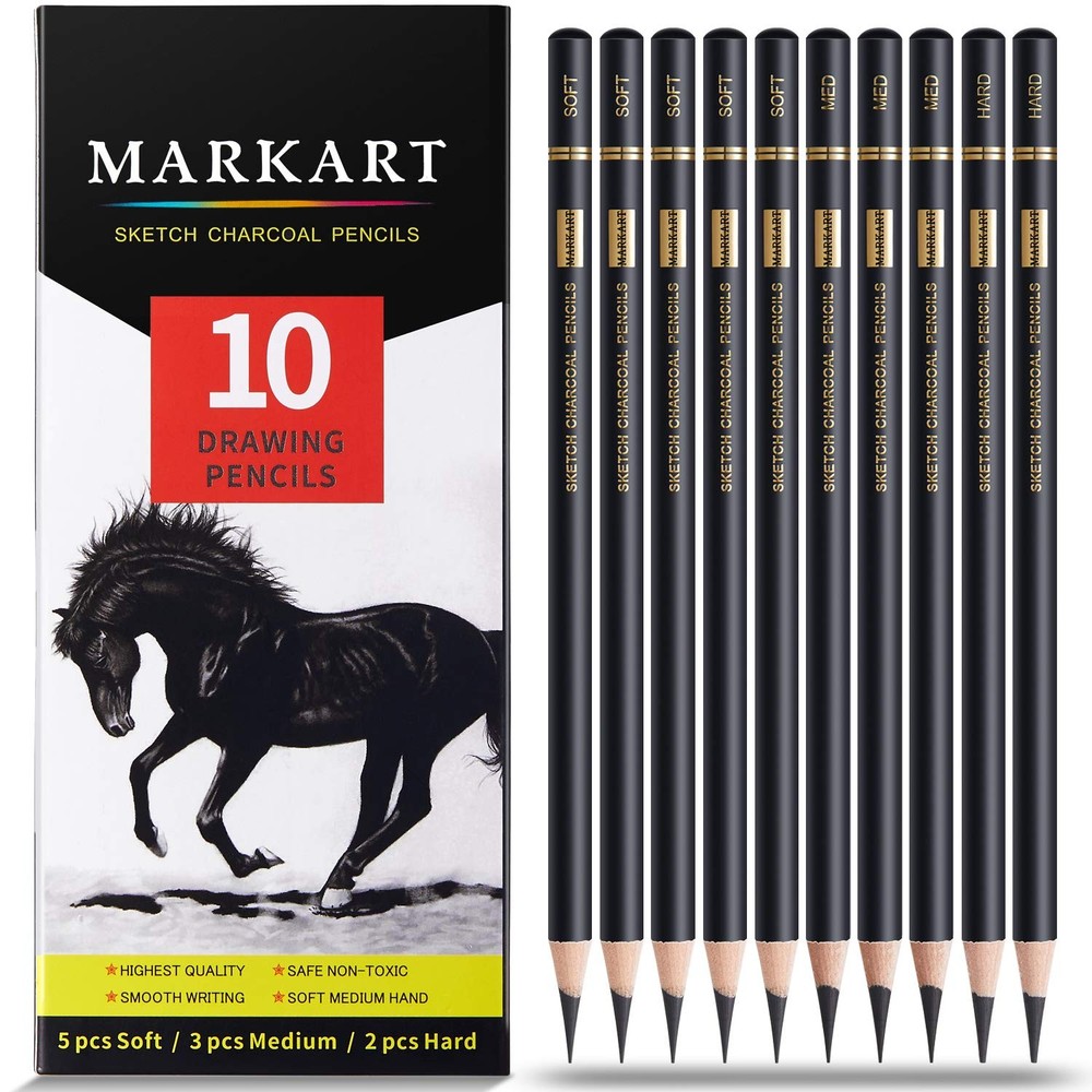 Charcoal Pencils Drawing Set – 10 Pieces (5 Soft, 3 Medium, 2 Hard) – Perfect
