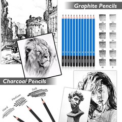 176-Piece Professional Drawing Set with Unique 100-Sheet 3-Color Sketch Book