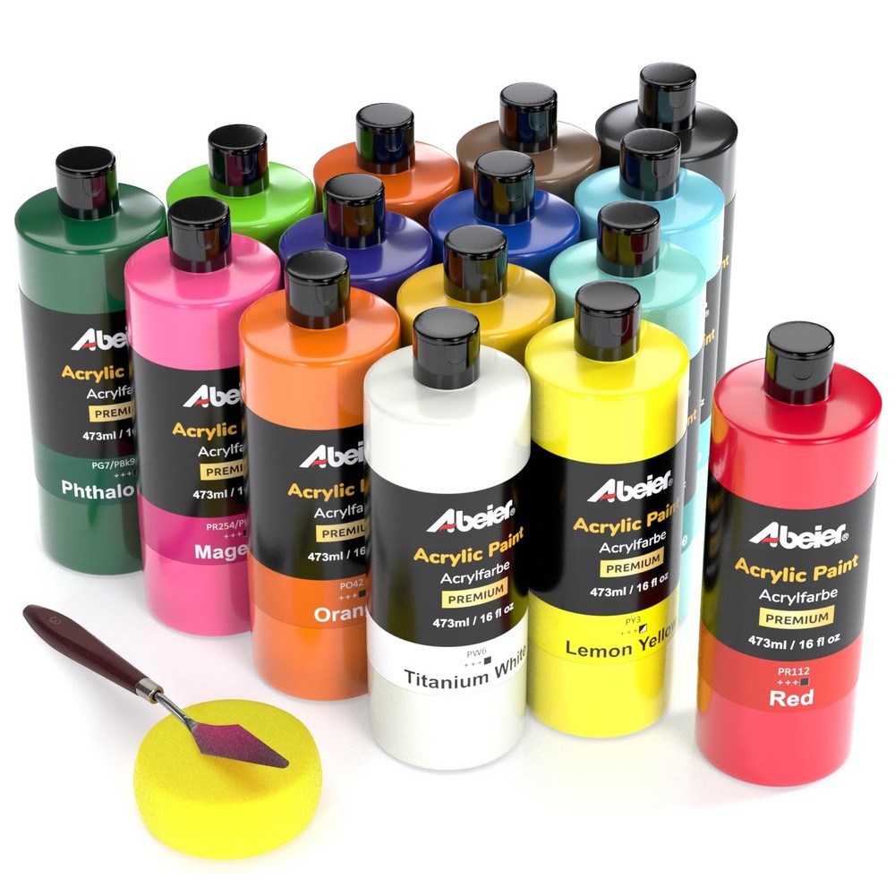ABEIER Large Bulk Acrylic Paint Set, 15 16 Fl Oz (Pack of 15), 15 Colors