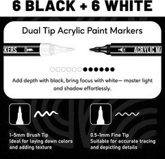 12 Pack Black & White Acrylic Marker Set – Dual Tip for Artistic Masterpieces