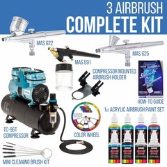 3 Master Airbrush 1/4hp Twin-Piston Air Compressor, 6 Color Acrylic Paint Set