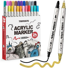24 Color Bold and Fine Dual-Tip Acrylic Paint Pen Set for Canvas Rock Wood Leath