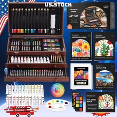 NEW 202-Piece Deluxe Art Kit Wooden Case Acrylic Paint Crayons Pencils