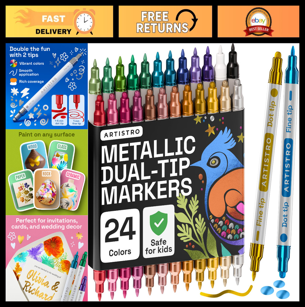 24 Metallic Dual-Tip Acrylic Paint Markers Set – Fine & Dot Tips for Fabric, Roc