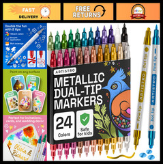 24 Metallic Dual-Tip Acrylic Paint Markers Set – Fine & Dot Tips for Fabric, Roc