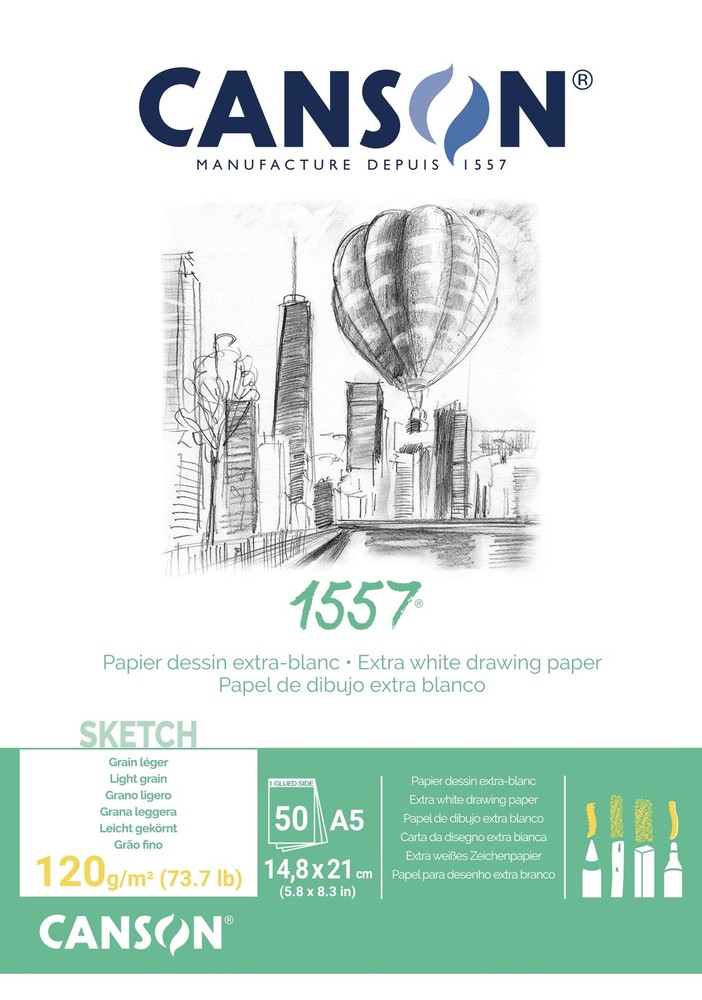 CANSON 1557 120gsm A4 White Sketch Paper Pad, Light Grain, Glued A4,