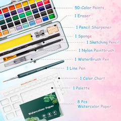 Prudiut 50 Colors Watercolor Paint Set, With Watercolor Paper, Palette, Brushes,