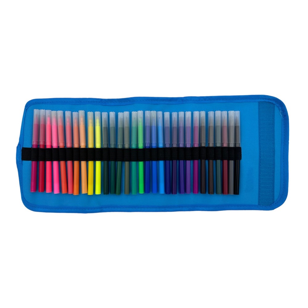 30 Piece Set of Fine Line Markers with Blue Roll-Up Storage Case