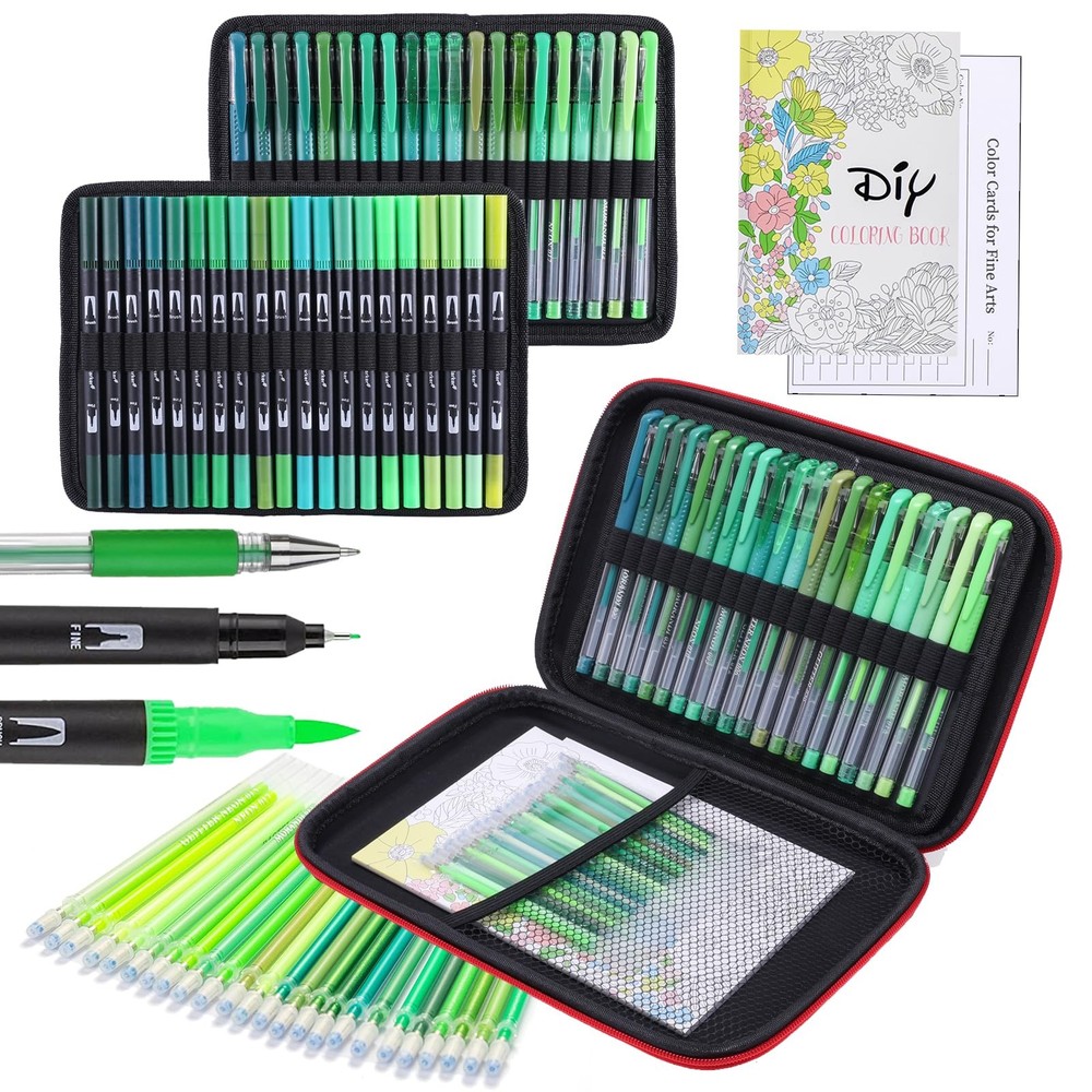 80 Pack Green Drawing Pen Set 20 Double Tip Brush 20 Gel With 40 Refills