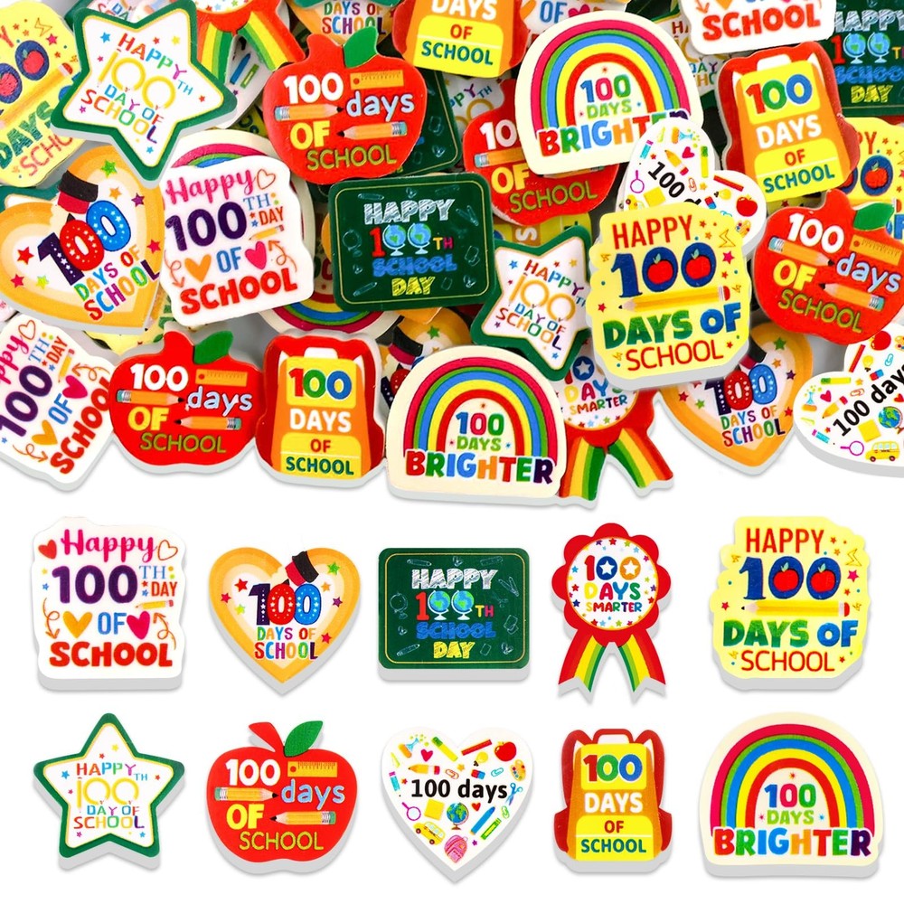 Ceiba Tree 60pcs 100 Days of School Erasers Bulk Happy 100th Day Colored