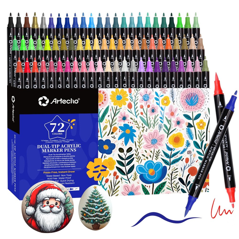 Acrylic Paint Markers 72 Colors Dual Tip (1mm Fine, 0.5-5mm Brush) – for Rock