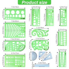 15PCS Geometric Drawings Templates,Transparent Green Plastic Ruler, Drafting