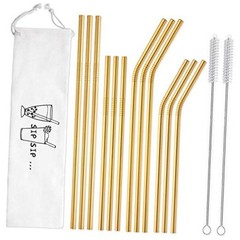 12-Pack Stainless Steel Straws Reusable with Case – Metal Drinking Straws Gold