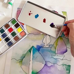 Watercolor Palette Tin Box with 20 Full Pans, Empty Magnetic Squares – Metal Art