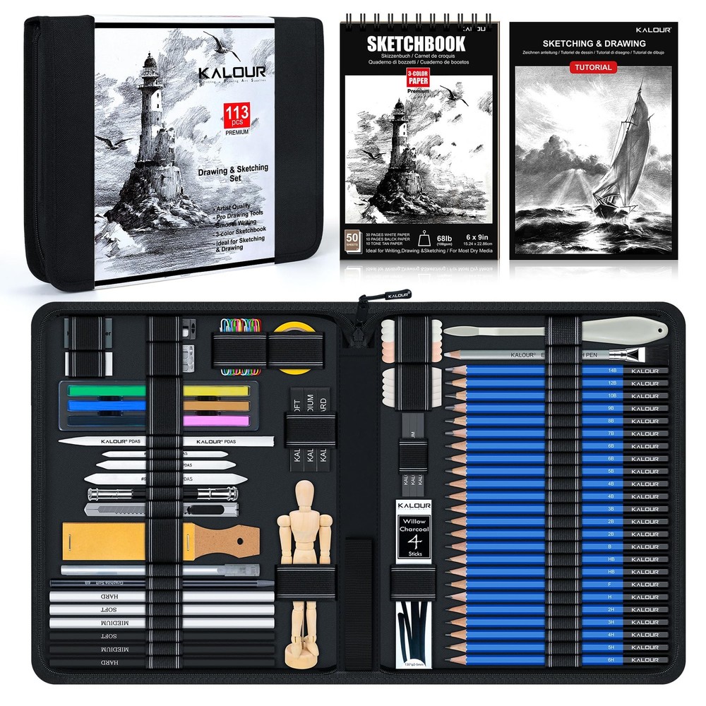 113 PCS Professional Drawing Sketching Kit Sketchbook Pencils Mannequin Case