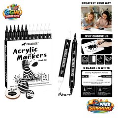 12 Pack Black & White Acrylic Marker Set – Dual Tip for Artistic Masterpieces
