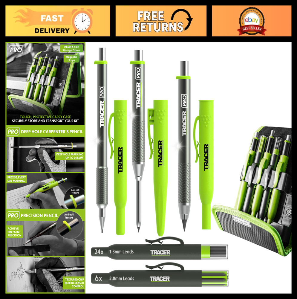 5-Piece Construction Marker Kit with Storage Case – Aluminum Carpenter Pencils,