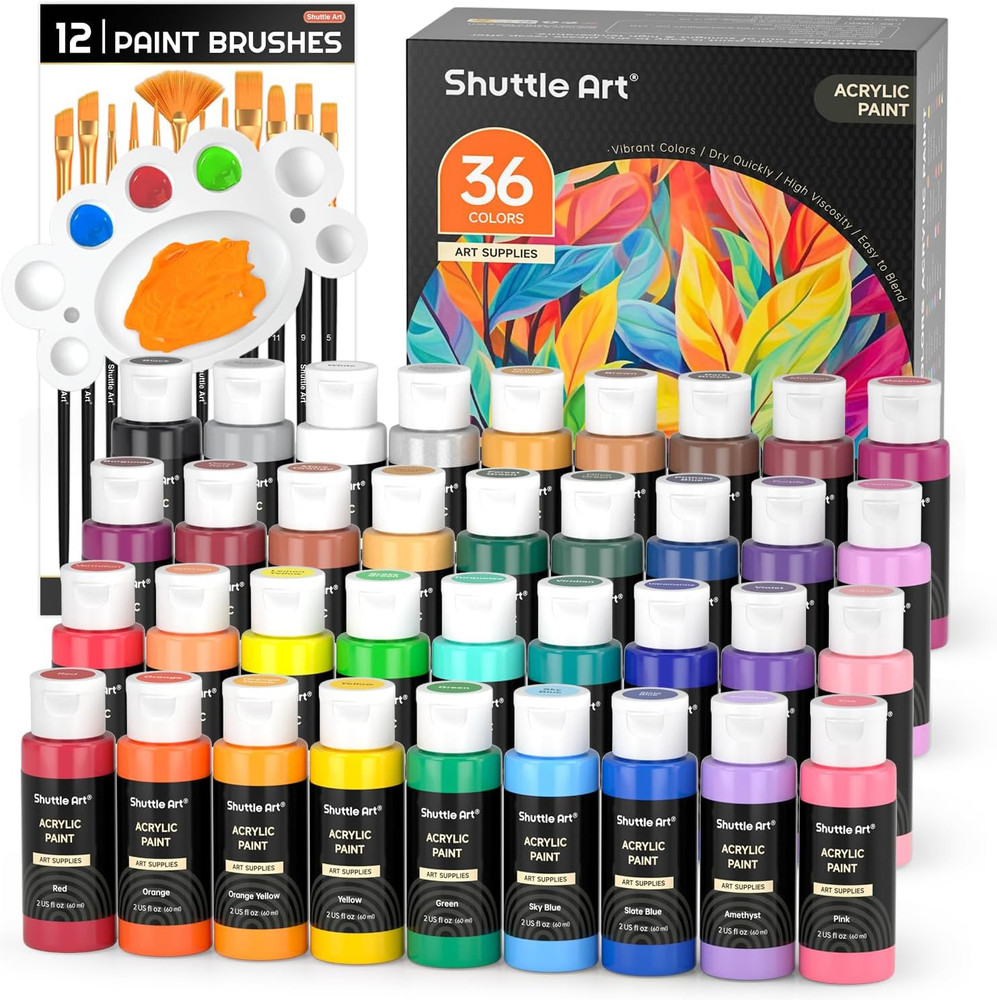 36 Colors Acrylic Paint Set with Brushes & Palette, Canvas Rocks Ceramic Wood