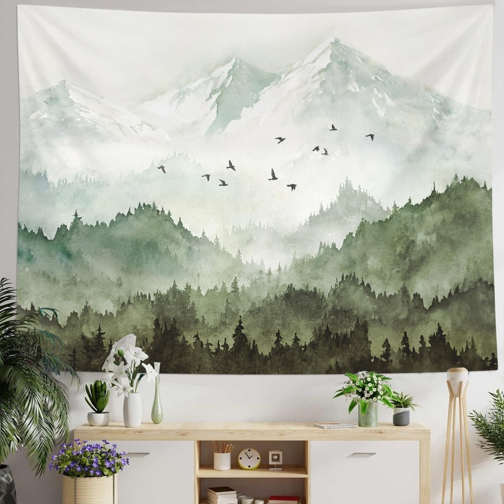 kampdream Mountain Forest Tapestry, Misty Foggy Sage Green Tree Landscape Wat…