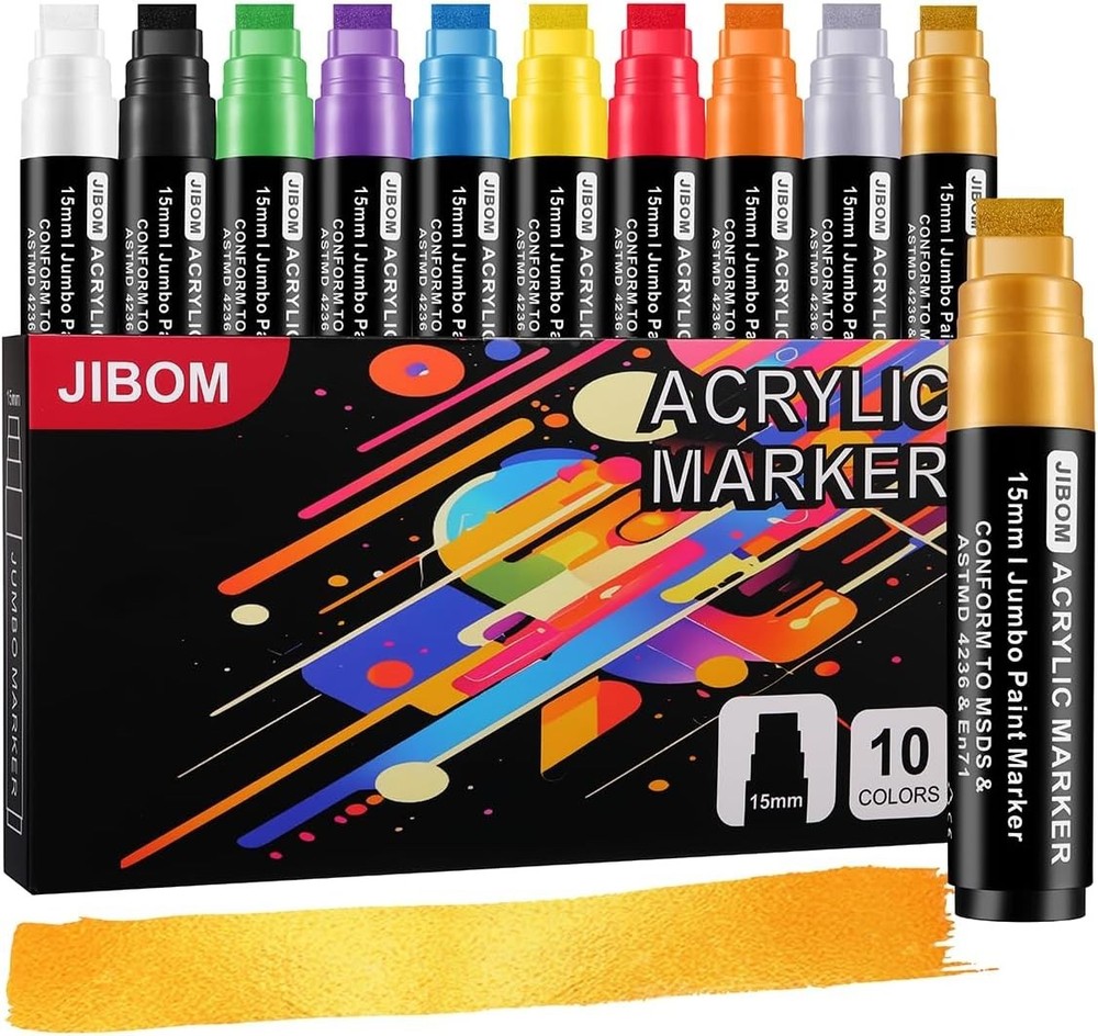 10 Colors Jumbo Acrylic Paint Markers (2 Metallic), 15mm Extra Large Felt Tip…