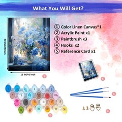 Blue Flowers in Window Paint by Numbers Kit for Adults, Landscape Adult Paint…