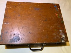 Vtg Grumbacher Wooden Painters Case Dovetail Box Paints Lot Palette Paper
