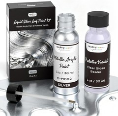 Liquid Silver Leaf Paint Kit 2x1Oz Metallic Acrylic Non-Toxic Chrome for Crafts