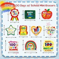 Ceiba Tree 60pcs 100 Days of School Erasers Bulk Happy 100th Day Colored