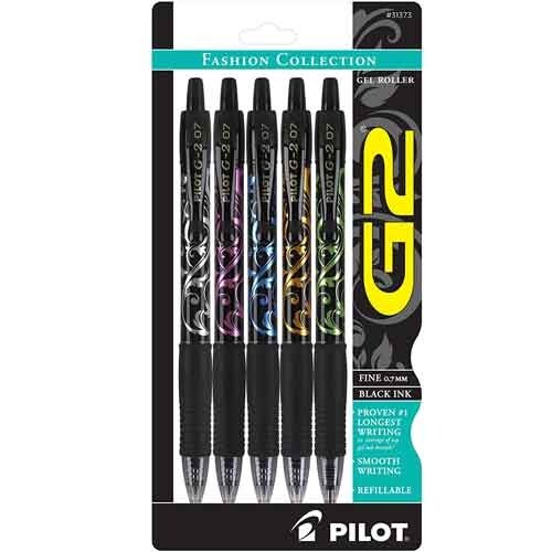 Pilot G2 Fashion Ret. Gel Rolling Ball Pen .7mm Fine 5/Pk BLK Office School Home