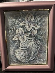 1980s Renee Caron Heavy Paste Textured Art-White Irises-Hollywood Regency Frame