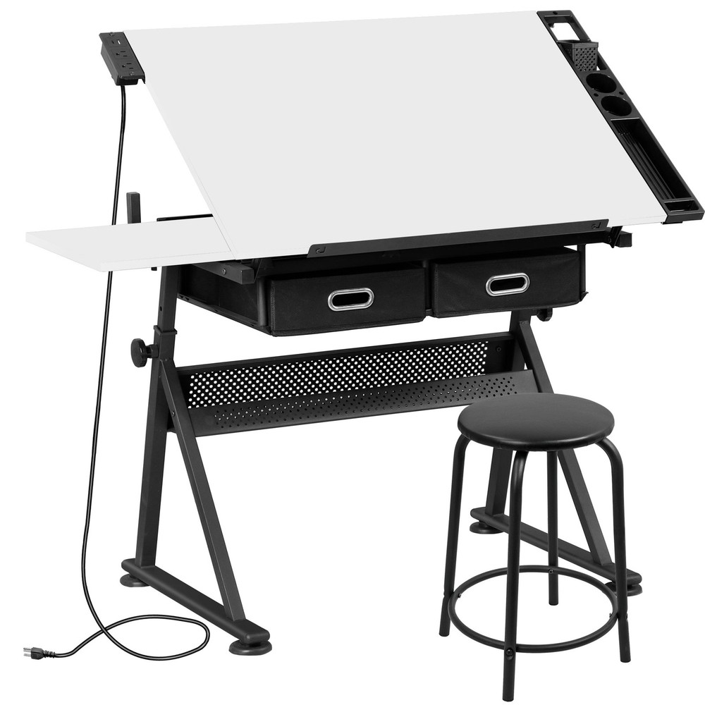 White Drafting Table & Stool Se Adjustable Height W/ Drawers & Charge Station