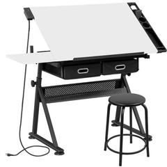 White Drafting Table & Stool Se Adjustable Height W/ Drawers & Charge Station