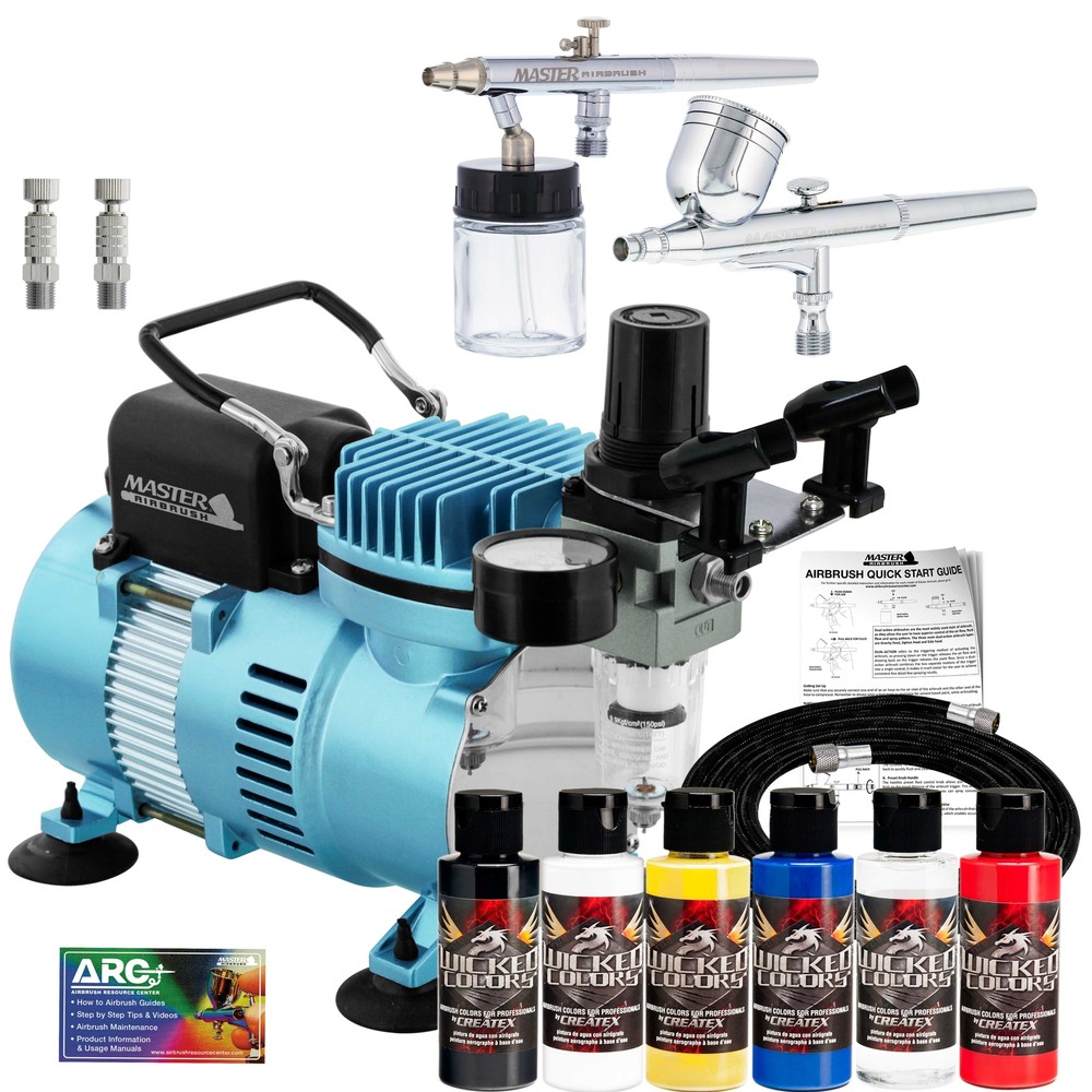 2 Airbrush Kit 5 Wicked Colors Air Compressor Dual-Action Createx Hobby Set
