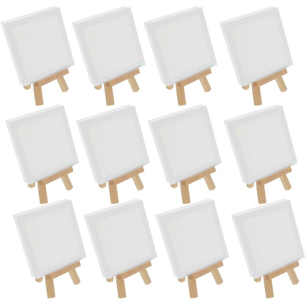 12pk 5″ x 5″ Stretched Canvas, 8″ Natural Wood Display Easel Kit, Artist Stand