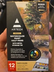 ARTEZA Watercolor Paint Set Half Pans W/ Met Storage Tin – 12 Pcs. Earth Colors