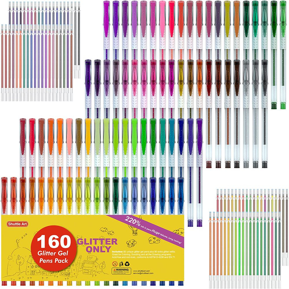Glitter Gel Pens 220% Ink Glitter 80 Colored Gel Pens plus 80 Refills 160 Pack