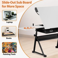 Adjustable Drafting Table Tilting Drawing Desk w/Charging Station & Stool White
