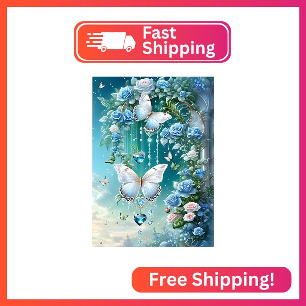 DPHERO DIY Blue Flowers Diamond Painting Kits for Beginners Adults,5D Butterfly