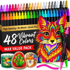 48 Dual-Tip Acrylic Paint Markers Set – Fine & Dot Tips for Fabric, Rock, Glass,