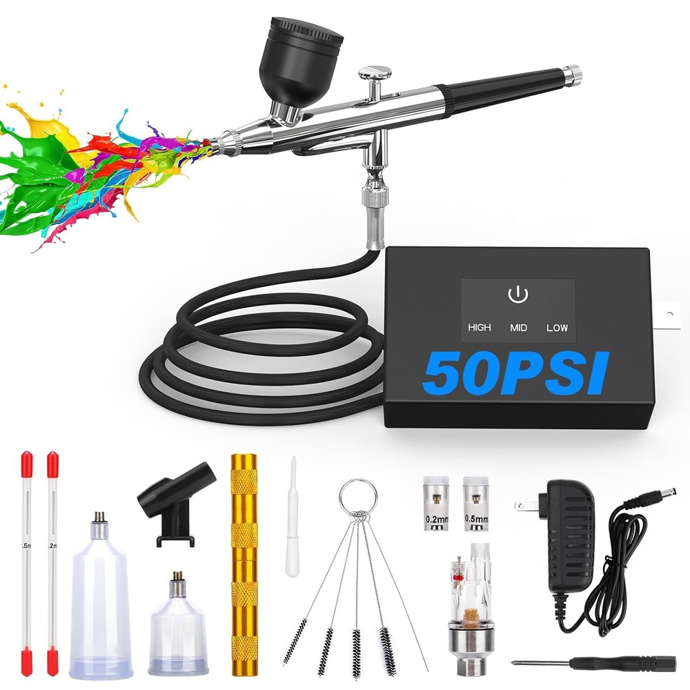 50 PSI Dual Action Clog Resistant Airbrush Kit with Air Compressor and Paint Set