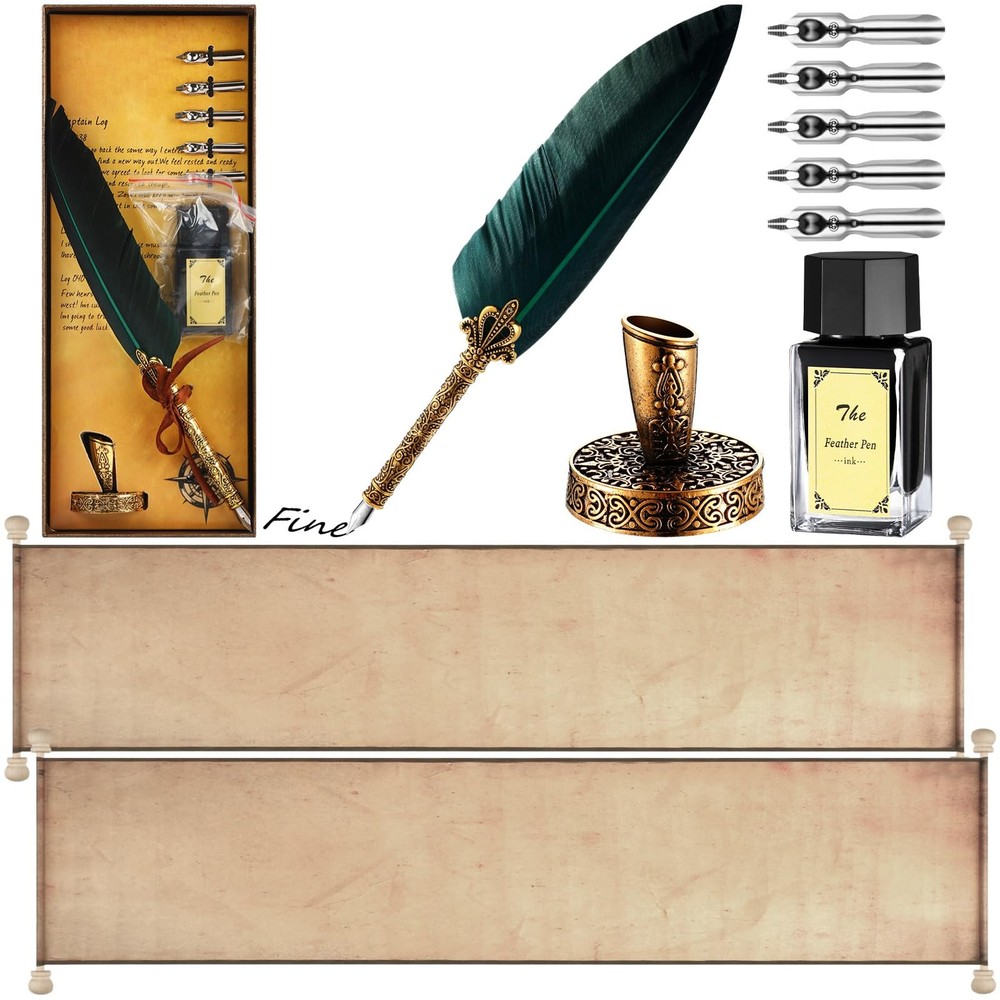 2 Blank Scroll Paper with Wood Rods and 1 Feather Pen Set 7.5 x 30-32 Inches …
