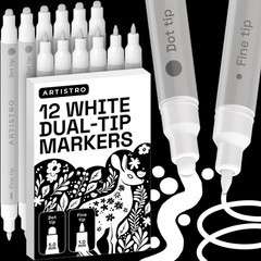 12 White Dual-Tip Acrylic Paint Markers Set – Fine & Dot Tips for Fabric, Rock,