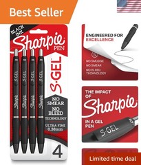 4 Pack S-Gel Pens – 0.38mm Ultra Fine Point, Bold Black Ink, Retractable Design