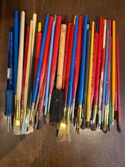 Lot Of ~50 Mixed Used Paint Brushes. Diff brands, sizes, shapes, materials