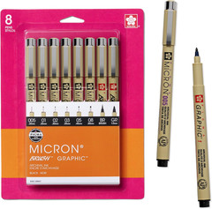 Pigma Micron, Graphic & Brush Fineline Pens, Archival Black Ink, 8 PK 30067